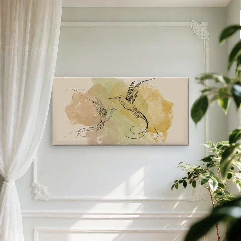 Hummingbirds and Watercolour Neutral Wall Art Canvas Office Home Framed 120x60cm