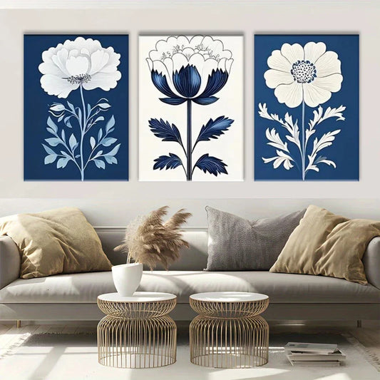 3pcs Blue Floral Colourful White Leaves Metal Print Ready to Hang Art