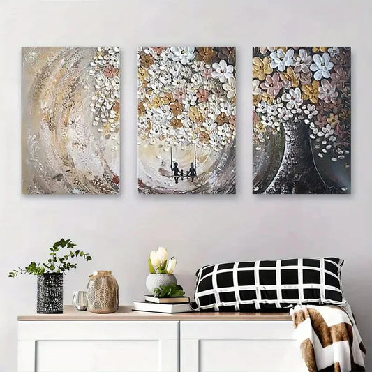 3pcs Abstract Floral Tree Golden & Silver Metal Print Ready to Hang Art