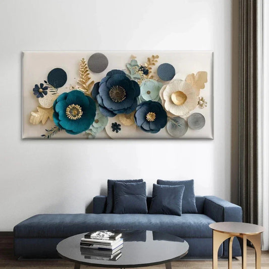 Blue & Teal Floral with Golden Wall Art Canvas Office Home Room Framed 80x45cm