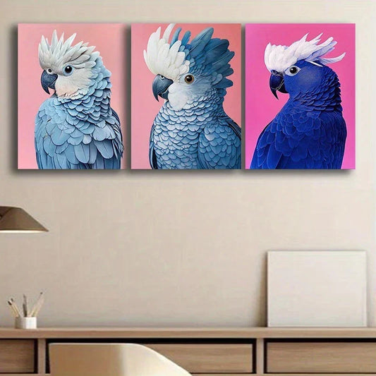 3pcs Beautiful Light Blue & Dark Blue Parrots Metal Print Ready to Hang Art