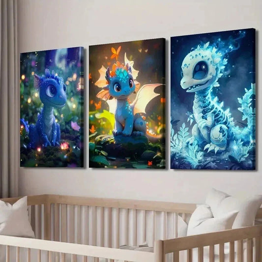 3pcs Dragon Dinosaur in the Forest Wall Art Set Canvas Framed 40x60cm - High Quality Print 100% Australian Made Wall Canvas Ready to Hang