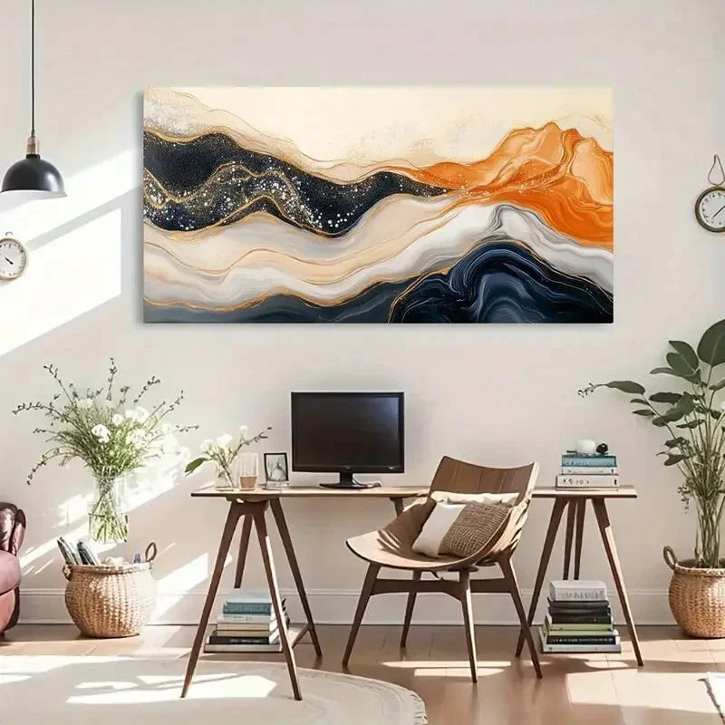 Fluid Waves Black White Golden Wall Art Canvas Office Home Room Framed 80x45cm