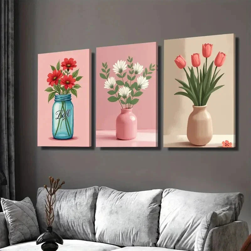 3pcs Realistic Flower Vase Blue, Pink, And Beige Wall Art Set Canvas Framed 40x60cm - High Quality Print 100% Australian Made Wall Canvas Ready to Hang