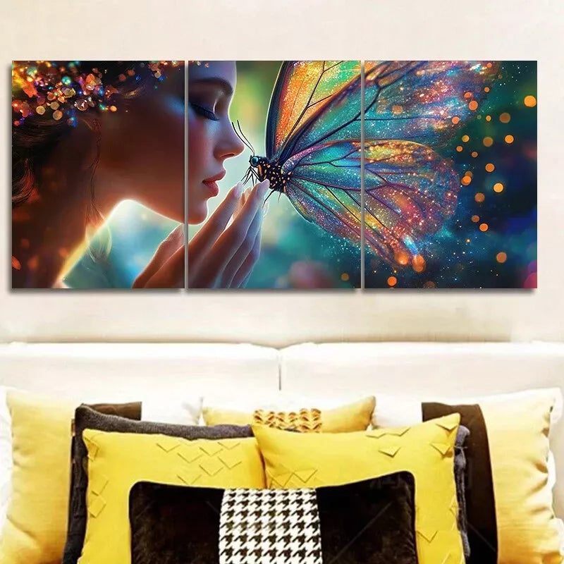 3pcs Featuring a Butterfly Resting on Woman' Face Wall Art Set Canvas Framed 40x60cm - High Quality Print 100% Australian Made Wall Canvas Ready to Hang