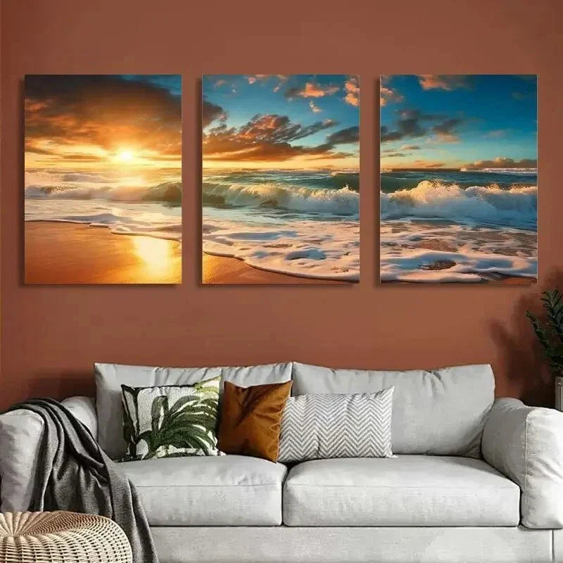 3pcs Ocean Waves & Sandy Shoreline, Modern Wall Art Set Canvas Framed 40x60cm - High Quality Print 100% Australian Made Wall Canvas Ready to Hang