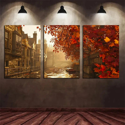 3pcs Peaceful Autumn Scenery Orange Leaves Metal Print Ready to Hang Art