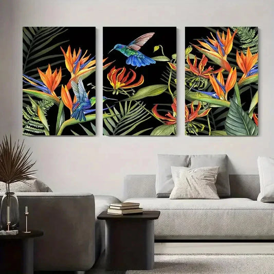 3pcs Tropical Hummingbird and Strelitzia Birds Metal Print Ready to Hang Art