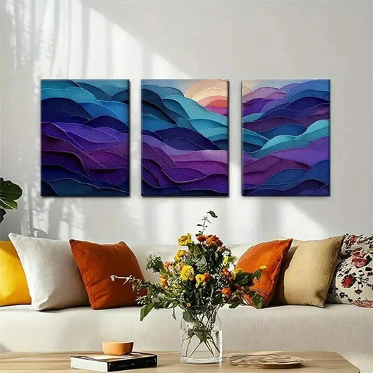 3pcs Elegant Purple and Teal Layered Perfect Wall Art Set Canvas Framed 40x60cm - High Quality Print 100% Australian Made Wall Canvas Ready to Hang