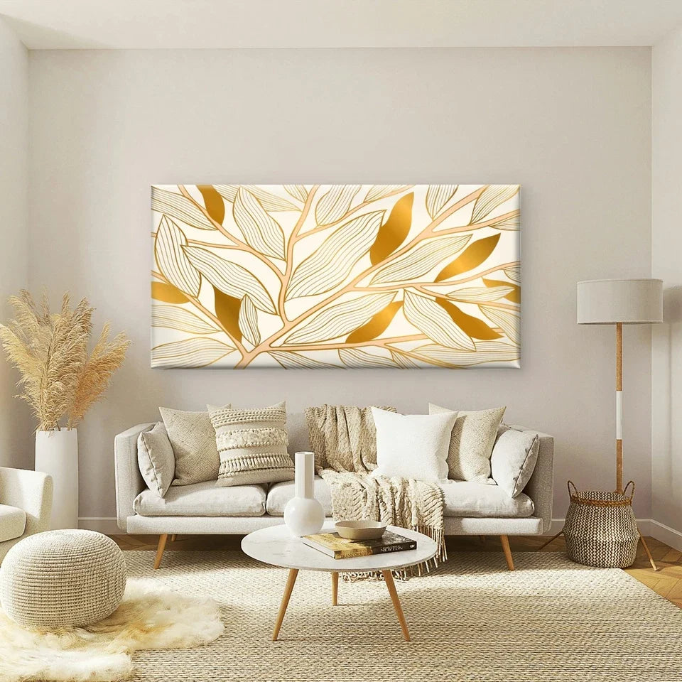 Golden Leaf Pattern Art Wall Art Canvas Office Home Room Framed 120x60cm