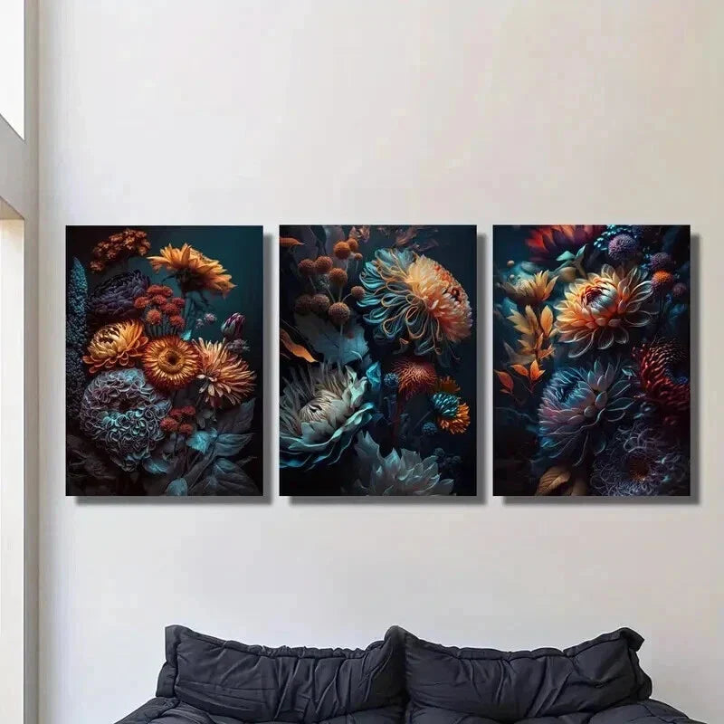 3pcs Colorful Retro Gorgeous Chrysanthemums Wall Art Set Canvas Framed 40x60cm - High Quality Print 100% Australian Made Wall Canvas Ready to Hang