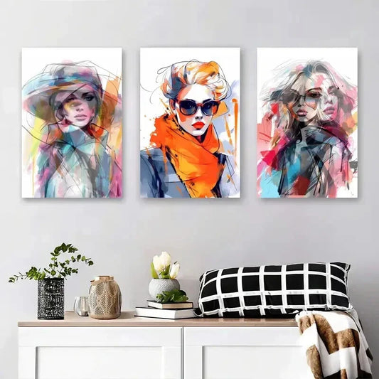 3pcs Vibrant Women in Hats & Scarves, Modern Metal Print Ready to Hang Art