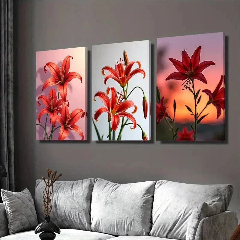 3pcs Red Lily Flower Vibrant Floral Orange Wall Art Set Canvas Framed 40x60cm - High Quality Print 100% Australian Made Wall Canvas Ready to Hang