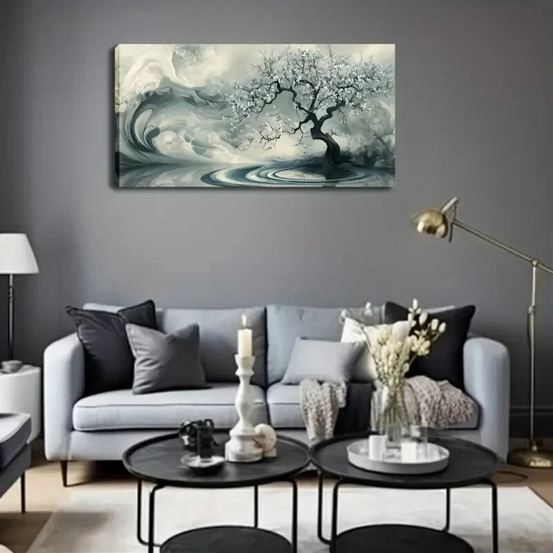 Tree White Flowers Right Side Wall Art Canvas Office Home Room Framed 120x60cm