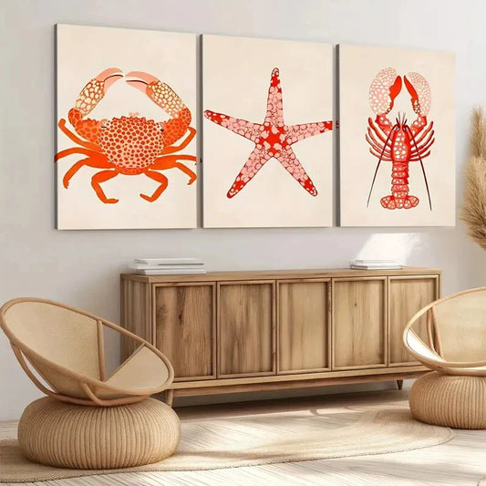 3pcs Red Shrimp Crab Star Fish Orange & Beige Wall Art Set Canvas Framed 40x60cm - High Quality Print 100% Australian Made Wall Canvas Ready to Hang