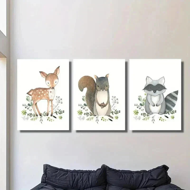 3pcs Cute Baby Deer Squirrel Raccoon Wall Art Set Canvas Framed 40x60cm - High Quality Print 100% Australian Made Wall Canvas Ready to Hang