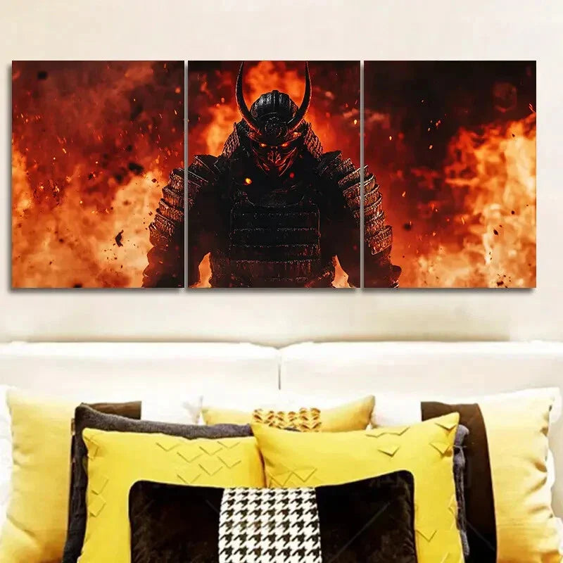 3pcs Crimson Warrior with Black Horns, Metal Print Ready to Hang Art