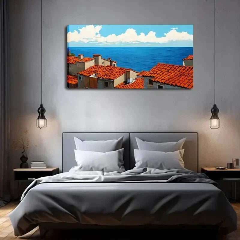 Roofed Seaside Town with Blue Wall Art Canvas Office Home Room Framed 80x45cm