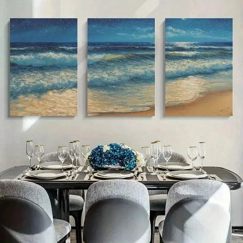 3pcs Ocean Waves & Night Seascape Painting Wall Art Set Canvas Framed 40x60cm - High Quality Print 100% Australian Made Wall Canvas Ready to Hang