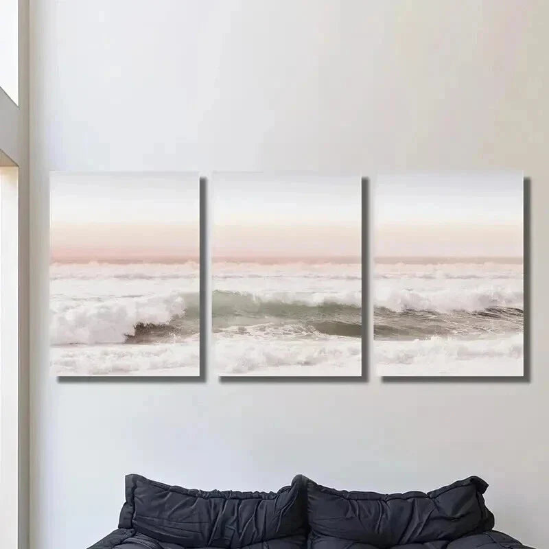 3pcs Pink Coast Sunset Ocean Scenery Wall Art Set Canvas Framed 40x60cm - High Quality Print 100% Australian Made Wall Canvas Ready to Hang
