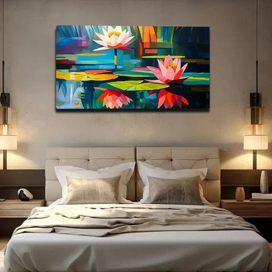 Vibrant Water Lily And Lily Pad Wall Art Canvas Office Home Room Framed 120x60cm
