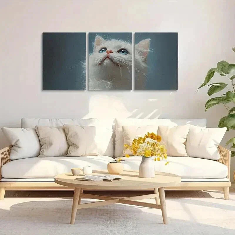 3pcs White Persian Fluffy Feline with Blue Eyes Wall Art Set Canvas Framed 40x60cm - High Quality Print 100% Australian Made Wall Canvas Ready to Hang