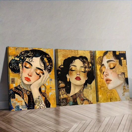 3pcs Beautiful Woman In Yellow Background Wall Art Set Canvas Framed 40x60cm - High Quality Print 100% Australian Made Wall Canvas Ready to Hang