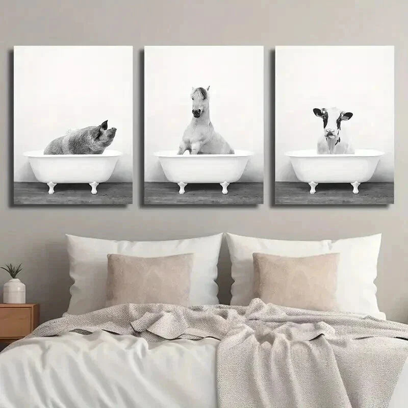 3pcs Modern Black and White Animal Bathtub Wall Art Set Canvas Framed 40x60cm - High Quality Print 100% Australian Made Wall Canvas Ready to Hang