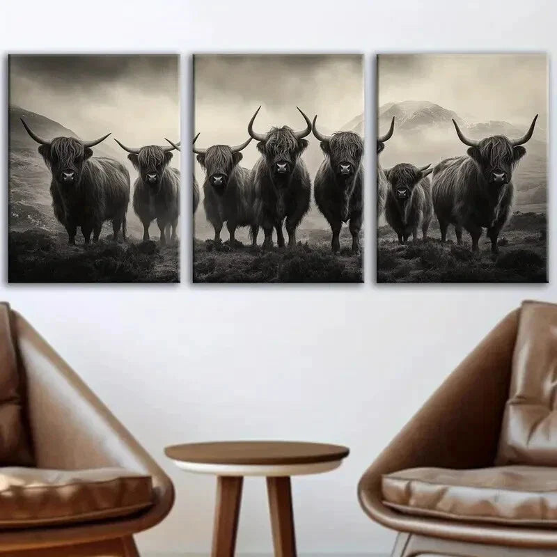 3pcs Animal Highland Cattle Gray White Cool Yaks Wall Art Set Canvas Framed 40x60cm - High Quality Print 100% Australian Made Wall Canvas Ready to Hang