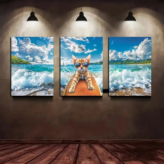 3pcs Whimsical Cat Surfer Vibrant Colors Metal Print Ready to Hang Art