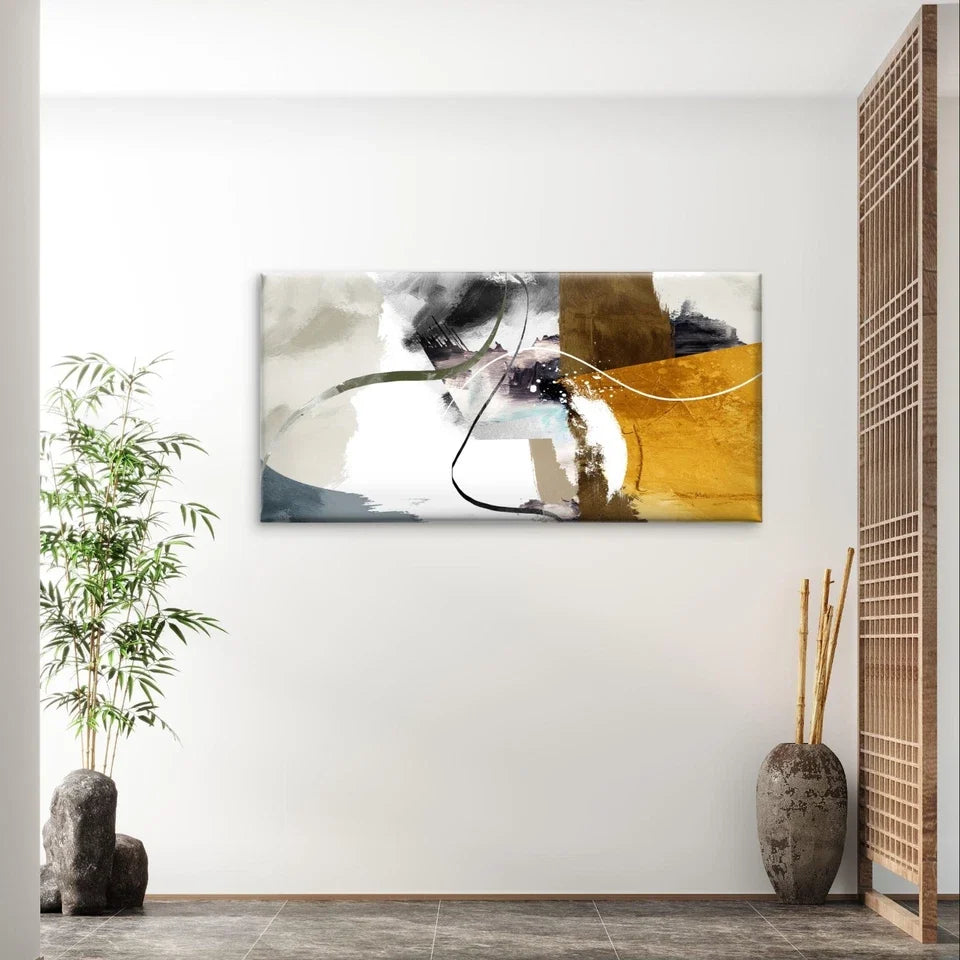 Yellow & Grey Modern Textured Wall Art Canvas Office Home Framed 80x45cm