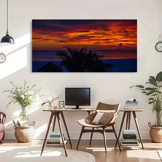 Sunset Palm Trees Ocean View Wall Art Canvas Office Home Room Framed 80x45cm