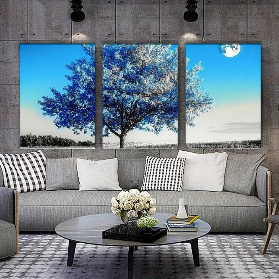 3pcs Nature Sun Modern Blue Big Tree Metal Print Ready to Hang Art