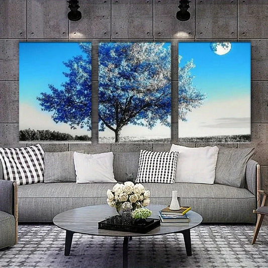 3pcs Nature Sun Modern Blue Big Tree Metal Print Ready to Hang Art