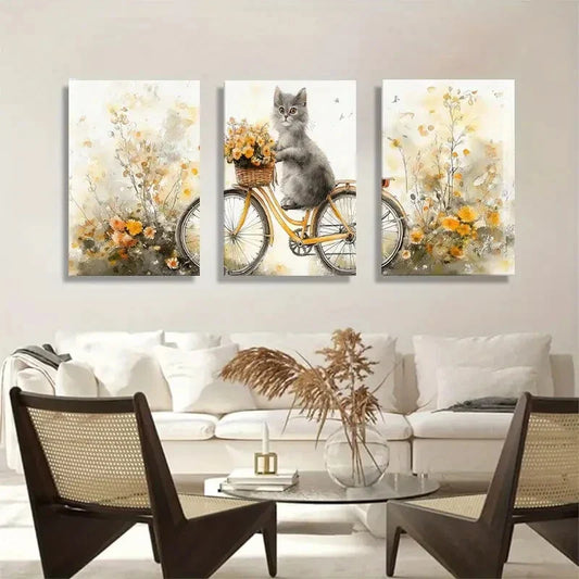 3pcs Whimsical Cat Bicycle Vibrant Perfect Wall Art Set Canvas Framed 40x60cm - High Quality Print 100% Australian Made Wall Canvas Ready to Hang