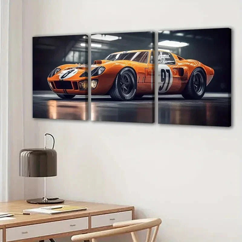 3pcs Fashion Yellow Cool Sport Car White Lights Wall Art Set Canvas Framed 40x60cm - High Quality Print 100% Australian Made Wall Canvas Ready to Hang