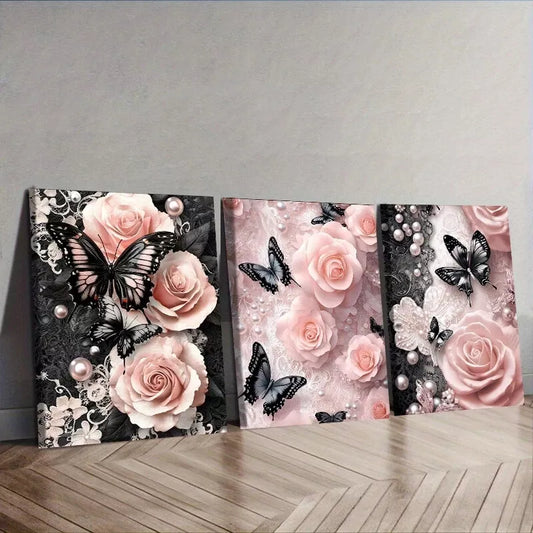3pcs Black Butterflies In Pink Roses Floral Wall Art Set Canvas Framed 40x60cm - High Quality Print 100% Australian Made Wall Canvas Ready to Hang