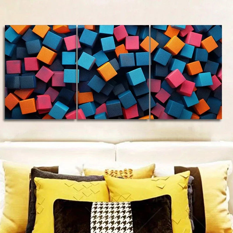 3pcs Colorful Cubes - Art Deco, Modern, Wall Art Set Canvas Framed 40x60cm - High Quality Print 100% Australian Made Wall Canvas Ready to Hang