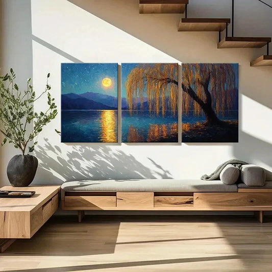 3pcs Moonlit Willow Reflection Night Sky Metal Print Ready to Hang Art