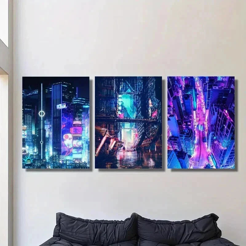 3pcs Vibrant Neon Futuristic Skylines Wall Art Set Canvas Framed 40x60cm - High Quality Print 100% Australian Made Wall Canvas Ready to Hang