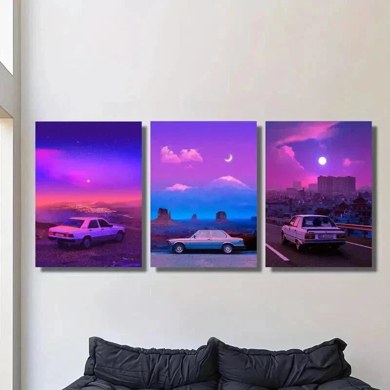 3pcs Classic Cars Moonlit Nights & Vibrant Skies Wall Art Set Canvas Framed 40x60cm - High Quality Print 100% Australian Made Wall Canvas Ready to Hang