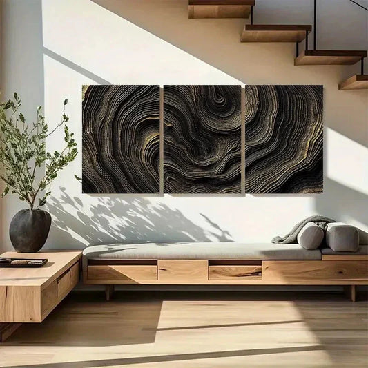 3pcs Black And Golden Abstract Metal Print Ready to Hang Art