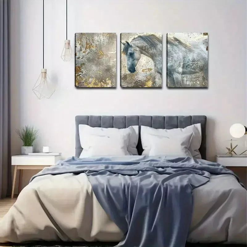 3pcs White Horse Abstract Painting Canvas Framed 40x60cm - High Quality Print 100% Australian Made Wall Canvas Ready to Hang