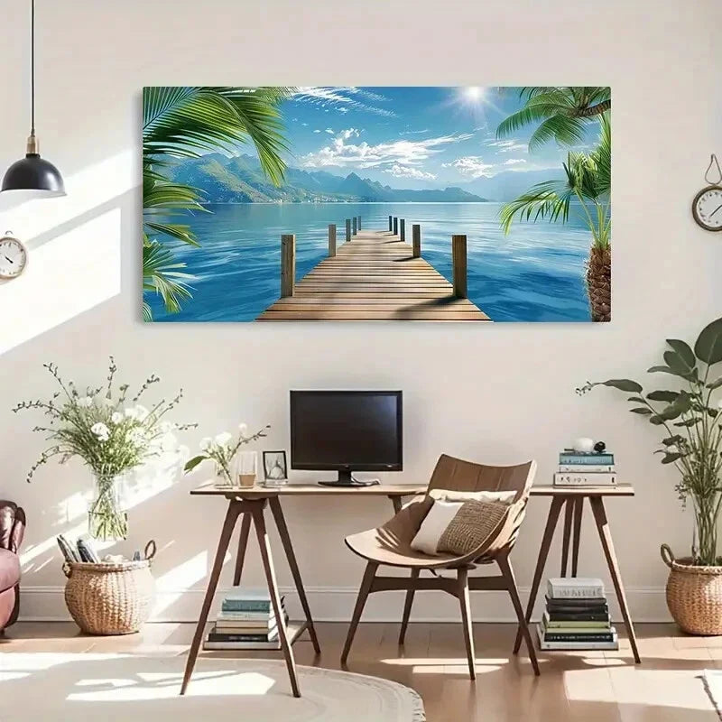 Coconut Sea View Aesthetic Wall Art Canvas Office Home Room Framed 120x60cm