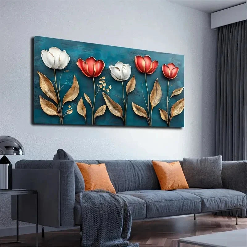 Tulips Golden Edge Wall Art Canvas Office Home Room Framed 120x60cm