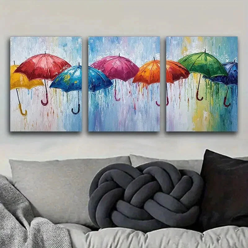 3pcs Rainy Day Umbrella Scene Colorful Perfect Wall Art Set Canvas Framed 40x60cm - High Quality Print 100% Australian Made Wall Canvas Ready to Hang