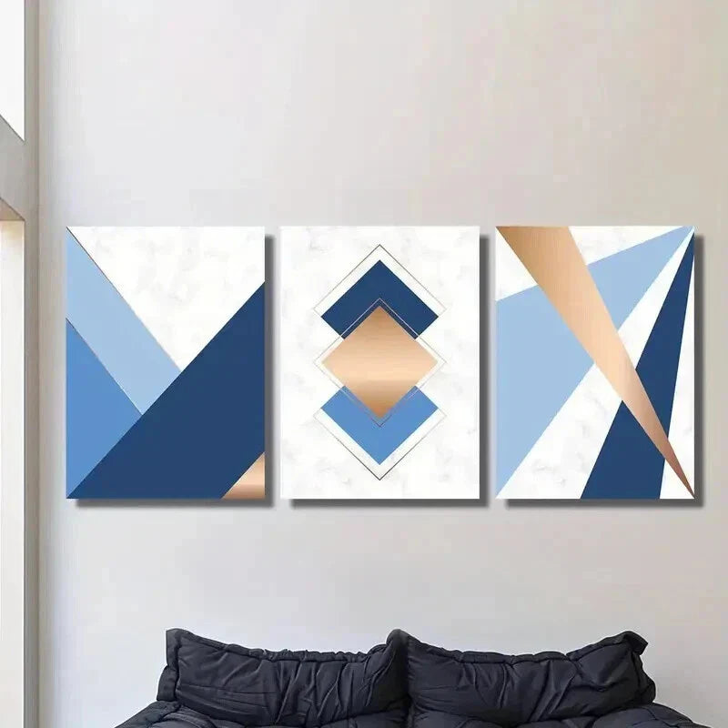 3pcs Blue Gold Geometric Abstract Design Wall Art Set Canvas Framed 40x60cm - High Quality Print 100% Australian Made Wall Canvas Ready to Hang