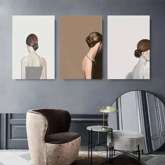 3pcs Simple Back Views of Women with Buns, Metal Print Ready to Hang Art