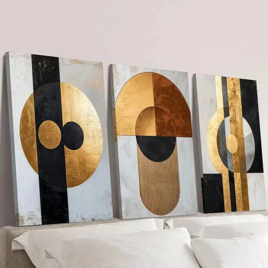 3pcs Golden Black Geometric Marble Texture Wall Art Set Canvas Framed 40x60cm - High Quality Print 100% Australian Made Wall Canvas Ready to Hang