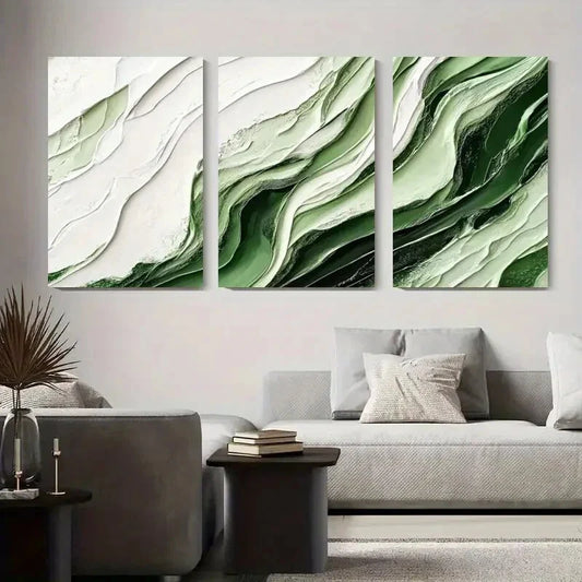 3pcs Abstract Green and White Texture Metal Print Ready to Hang Art
